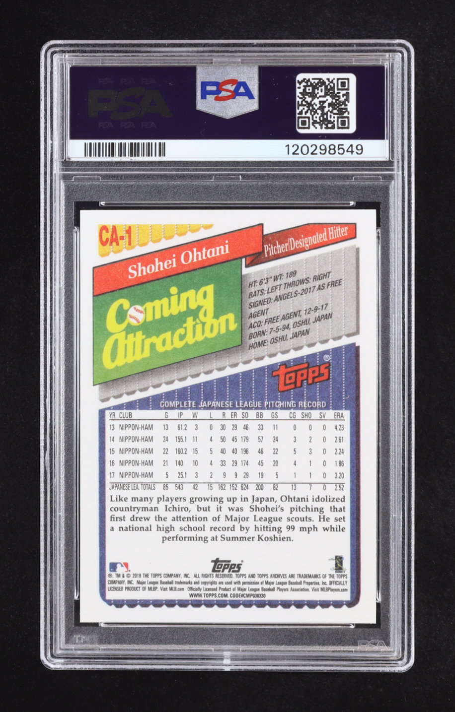 Shohei Ohtani 2018 Topps Archives Coming Attraction #CA1 RC (PSA 10) at PristineAuction.com Shohei Ohtani 2018 Topps Archives Coming Attraction #CA1 RC (PSA 10) at PristineAuction.com