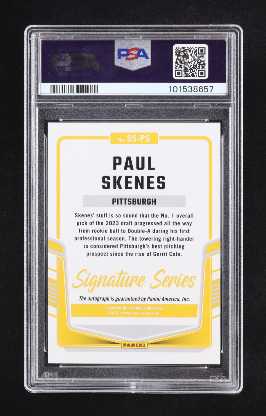 Paul Skenes 2024 Donruss Signature Series Gold Laser #32 #01/10 RC (PSA 10) at PristineAuction.com Paul Skenes 2024 Donruss Signature Series Gold Laser #32 #01/10 RC (PSA 10) at PristineAuction.com