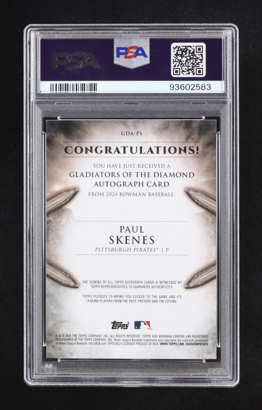 Paul Skenes 2024 Bowman Chrome Gladiators of the Diamond Autographs #GDAPS #03/99 RC (PSA 10) at PristineAuction.com Paul Skenes 2024 Bowman Chrome Gladiators of the Diamond Autographs #GDAPS #03/99 RC (PSA 10) at PristineAuction.com
