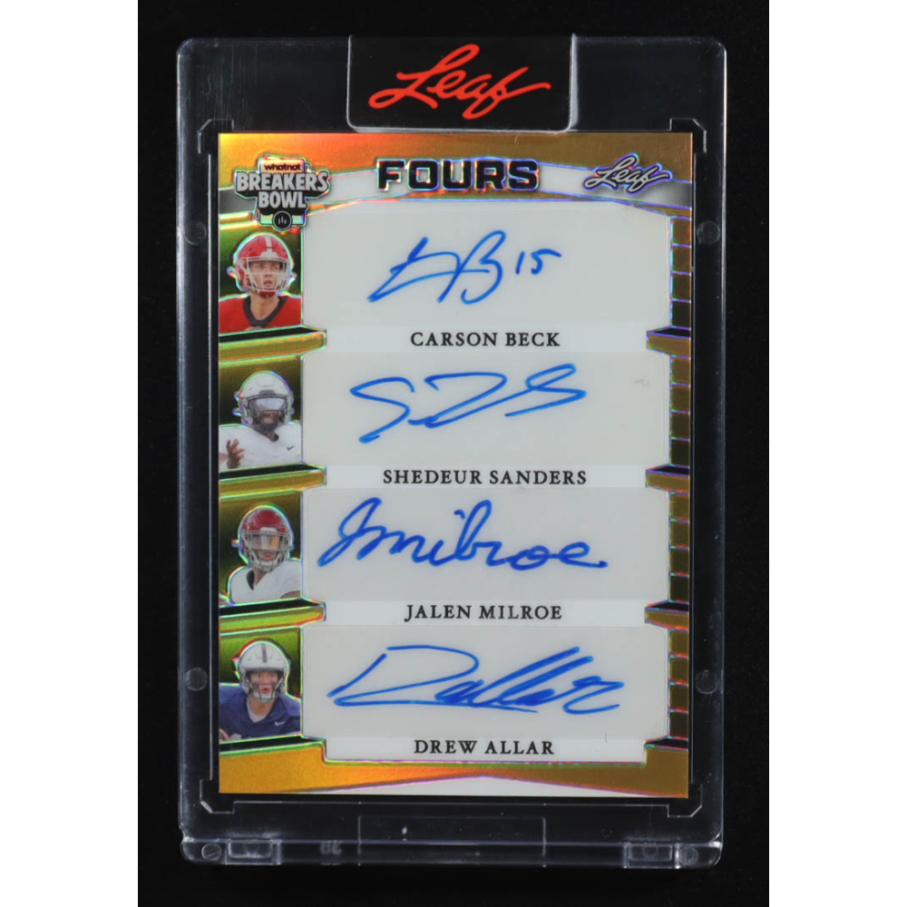 Carson Beck / Shedeur Sanders / Jalen Milroe / Drew Allar 2024 Leaf National Breakers Bowl Fours Autographs Gold #F1 #2/2 RC at PristineAuction.com
