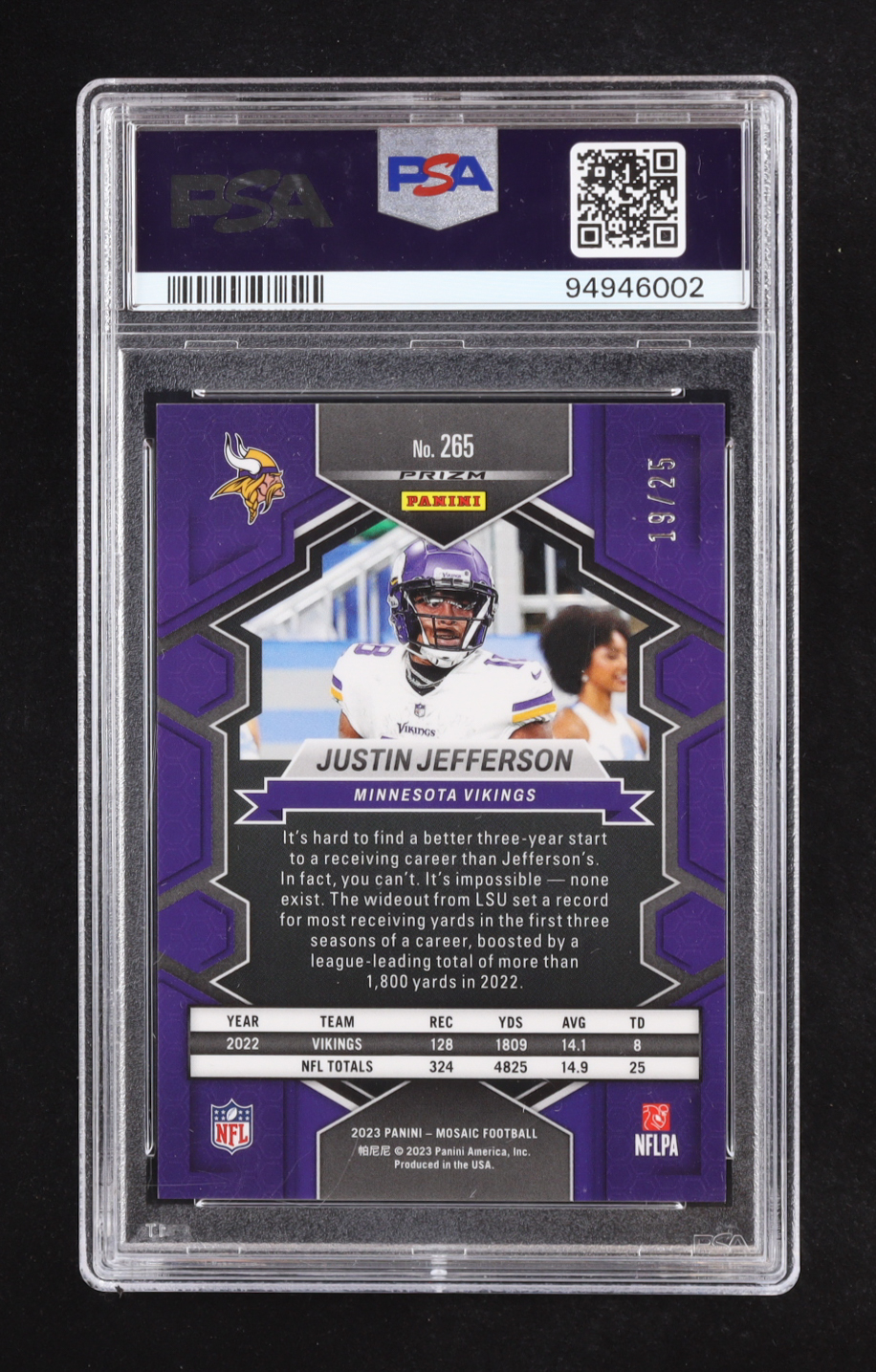 Justin Jefferson 2023 Panini Mosaic Mosaic Orange Fluorescent NP #265 #19/25 (PSA 10) at PristineAuction.com Justin Jefferson 2023 Panini Mosaic Mosaic Orange Fluorescent NP #265 #19/25 (PSA 10) at PristineAuction.com