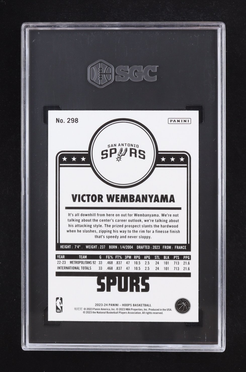 Victor Wembanyama 2023-24 Hoops #298 RC (SGC 10) at PristineAuction.com Victor Wembanyama 2023-24 Hoops #298 RC (SGC 10) at PristineAuction.com