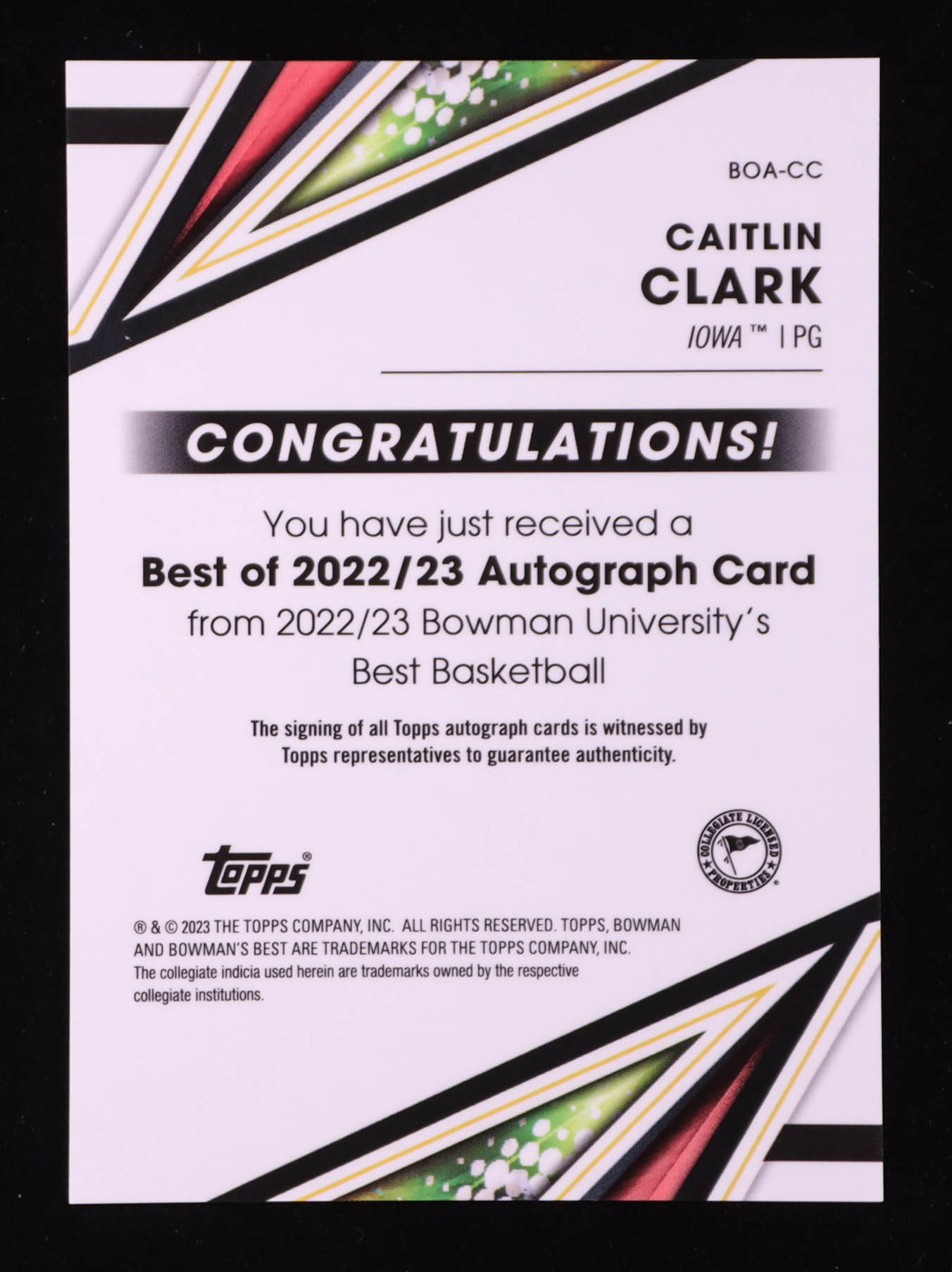 Caitlin Clark 2022-23 Bowman's Best University Best of '22 Autographs #BOACC RC at PristineAuction.com Caitlin Clark 2022-23 Bowman's Best University Best of '22 Autographs #BOACC RC at PristineAuction.com