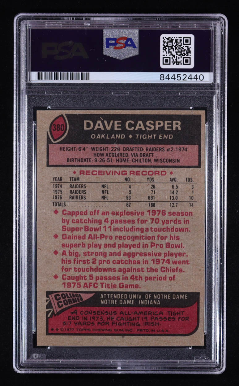 Dave Casper Signed 1977 Topps #380 RC Inscribed "Ghost to the Post" & "HOF 02" (PSA | Auto Grade PSA 10) at PristineAuction.com Dave Casper Signed 1977 Topps #380 RC Inscribed "Ghost to the Post" & "HOF 02" (PSA | Auto Grade PSA 10) at PristineAuction.com