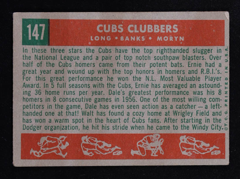 Dale Long / Ernie Banks / Walt Moryn 1959 Topps #147 Cubs Clubbers at PristineAuction.com Dale Long / Ernie Banks / Walt Moryn 1959 Topps #147 Cubs Clubbers at PristineAuction.com