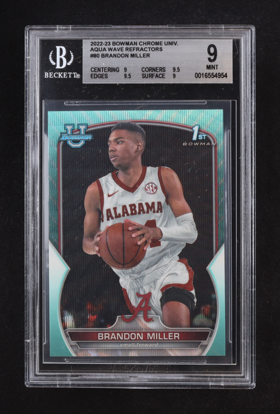Brandon Miller 2022-23 Bowman Chrome University Aqua Wave Refractors #80 RC #115/299 (BGS 9) at PristineAuction.com Brandon Miller 2022-23 Bowman Chrome University Aqua Wave Refractors #80 RC #115/299 (BGS 9) at PristineAuction.com
