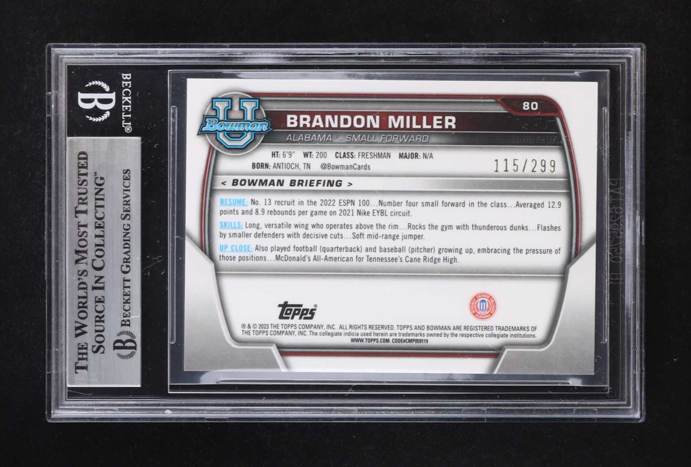 Brandon Miller 2022-23 Bowman Chrome University Aqua Wave Refractors #80 RC #115/299 (BGS 9) at PristineAuction.com Brandon Miller 2022-23 Bowman Chrome University Aqua Wave Refractors #80 RC #115/299 (BGS 9) at PristineAuction.com