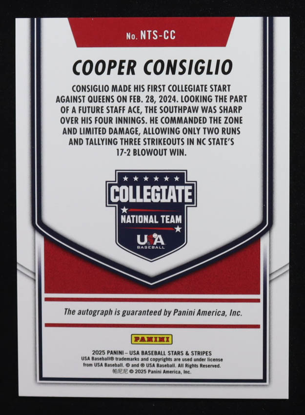 Cooper Consiglio 2025 USA Baseball Stars and Stripes Collegiate National Team Signatures Crystals #37 #12/25 RC at PristineAuction.com Cooper Consiglio 2025 USA Baseball Stars and Stripes Collegiate National Team Signatures Crystals #37 #12/25 RC at PristineAuction.com