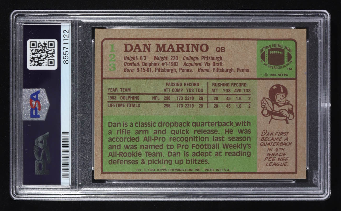 Dan Marino Signed 1984 Topps Inscribed "83 ROY" Trading Card Auto AFC Pro Bowl #123 RC (PSA | Autograph Graded 10) at PristineAuction.com Dan Marino Signed 1984 Topps Inscribed "83 ROY" Trading Card Auto AFC Pro Bowl #123 RC (PSA | Autograph Graded 10) at PristineAuction.com