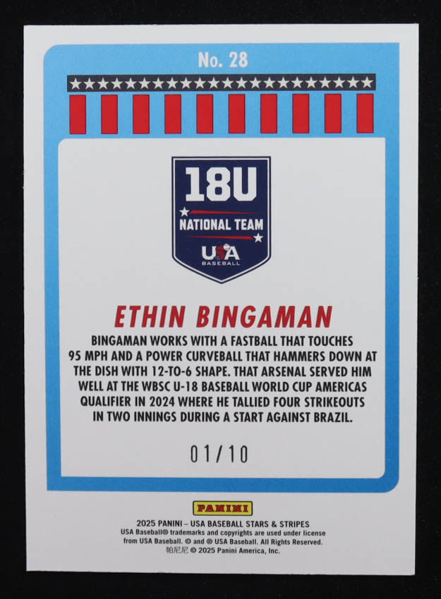 Ethin Bingaman 2025 USA Baseball Stars and Stripes Gold #28 #01/10 RC at PristineAuction.com Ethin Bingaman 2025 USA Baseball Stars and Stripes Gold #28 #01/10 RC at PristineAuction.com