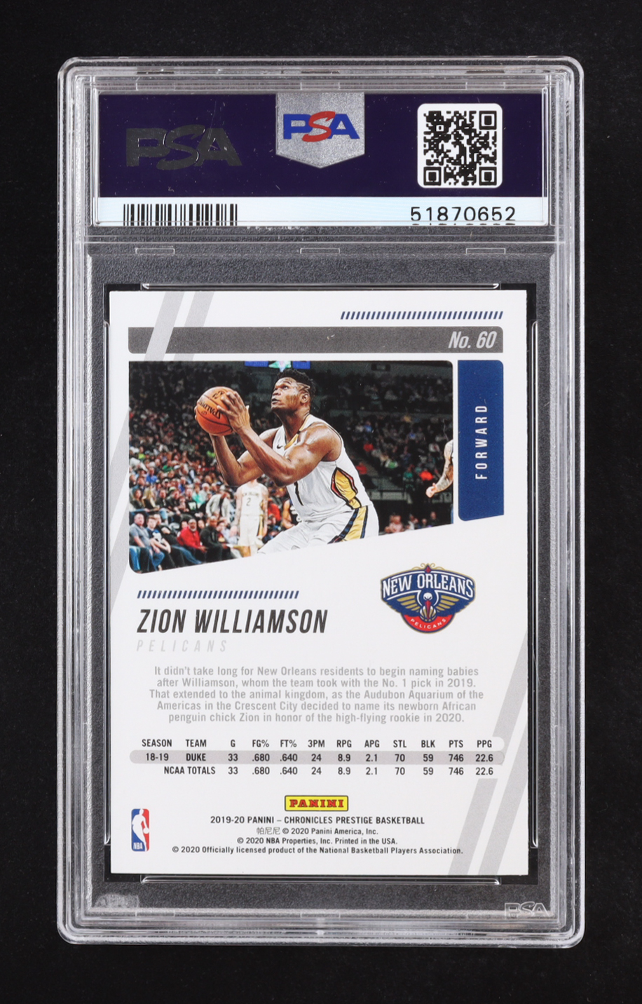 Zion Williamson 2019-20 Panini Chronicles #60 RC / Prestige (PSA 10) at PristineAuction.com Zion Williamson 2019-20 Panini Chronicles #60 RC / Prestige (PSA 10) at PristineAuction.com