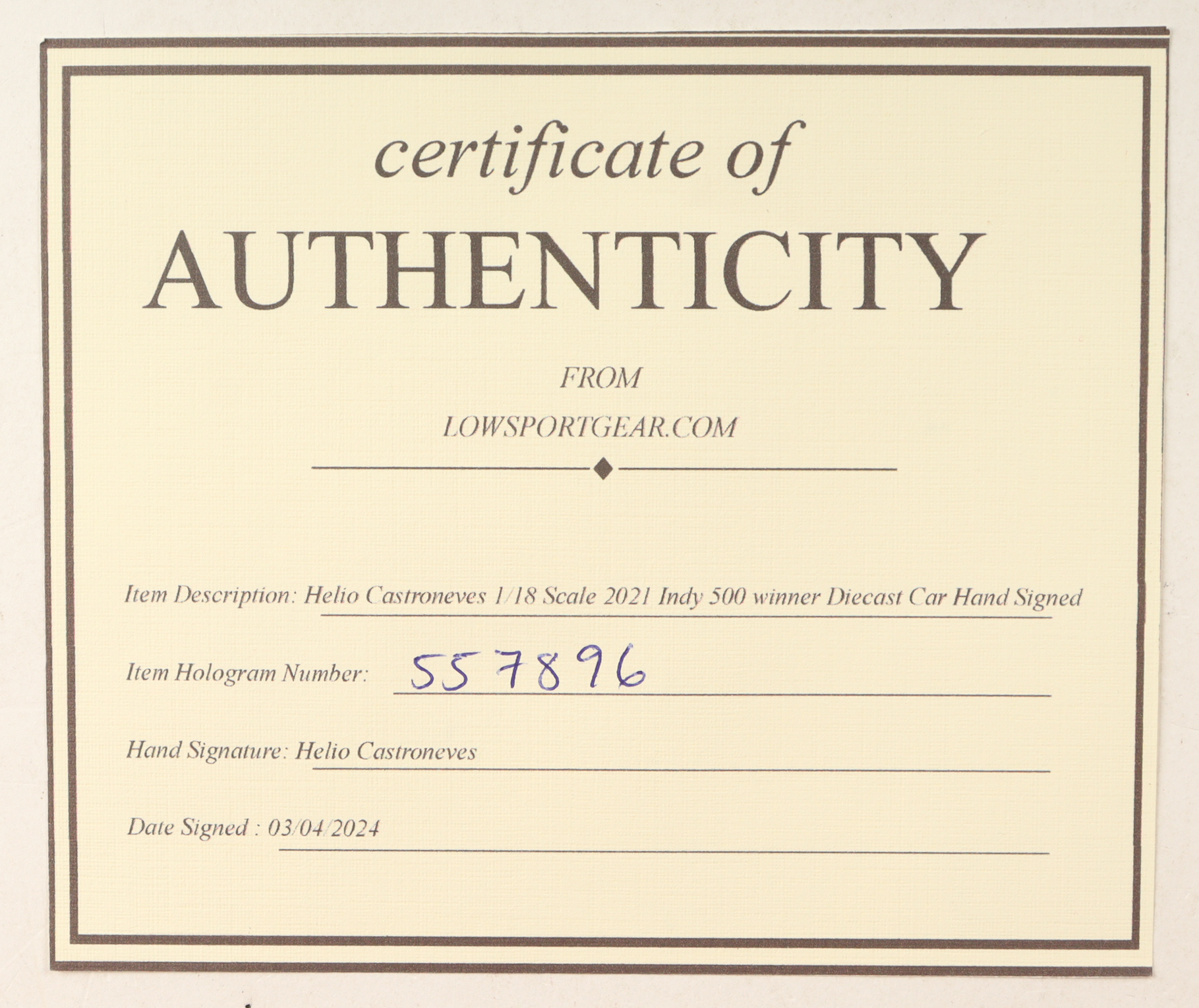 Helio Castroneves Signed 2021 #06 Indianapolis 500 Champion 1/18 Scale Die-Cast Car (Lowsport) at PristineAuction.com Helio Castroneves Signed 2021 #06 Indianapolis 500 Champion 1/18 Scale Die-Cast Car (Lowsport) at PristineAuction.com