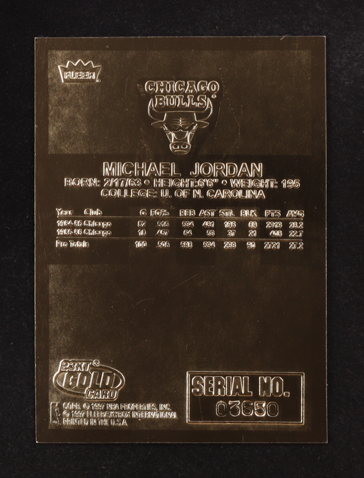 Michael Jordan 1997 Fleer Premier Signature Series Red Holo Refractor 23Kt Gold Card at PristineAuction.com Michael Jordan 1997 Fleer Premier Signature Series Red Holo Refractor 23Kt Gold Card at PristineAuction.com