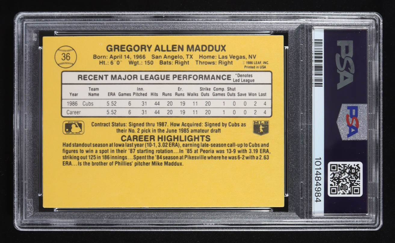 Greg Maddux Signed 1987 Donruss RR #36 RC (PSA 9 | Autograph Grade 10) at PristineAuction.com Greg Maddux Signed 1987 Donruss RR #36 RC (PSA 9 | Autograph Grade 10) at PristineAuction.com