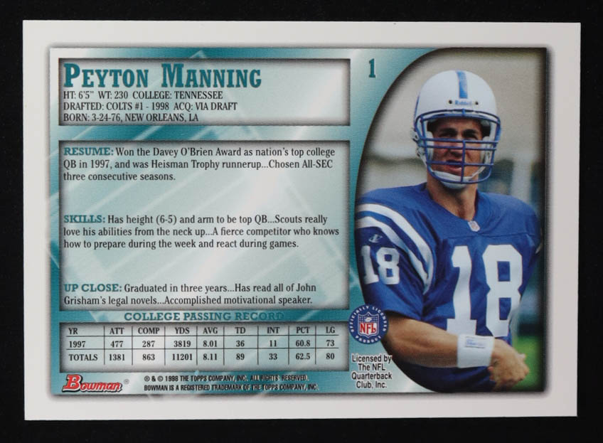 Peyton Manning 1998 Bowman #1 RC at PristineAuction.com Peyton Manning 1998 Bowman #1 RC at PristineAuction.com