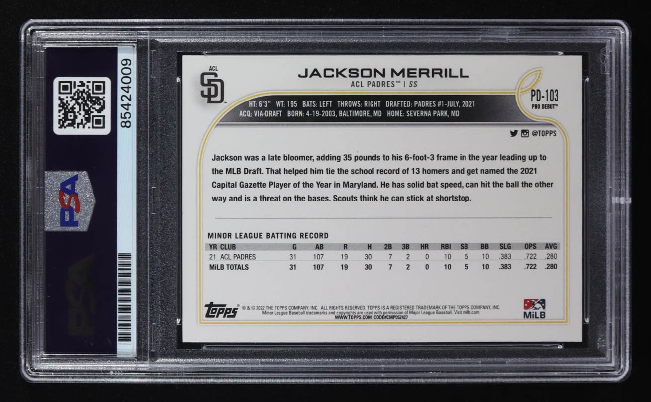Jackson Merrill Signed 2022 Topps Pro Debut #PD103 RC (PSA | Auto Grade PSA Authentic) at PristineAuction.com Jackson Merrill Signed 2022 Topps Pro Debut #PD103 RC (PSA | Auto Grade PSA Authentic) at PristineAuction.com