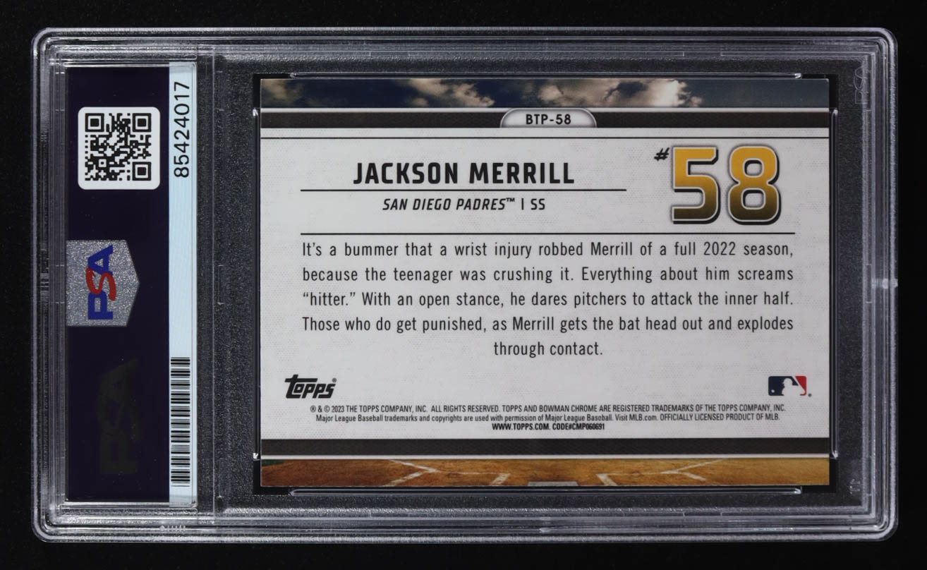 Jackson Merrill Signed 2023 Bowman Chrome Scouts Top 100 #BTP58 RC (PSA | Auto Grade PSA Authentic) at PristineAuction.com Jackson Merrill Signed 2023 Bowman Chrome Scouts Top 100 #BTP58 RC (PSA | Auto Grade PSA Authentic) at PristineAuction.com