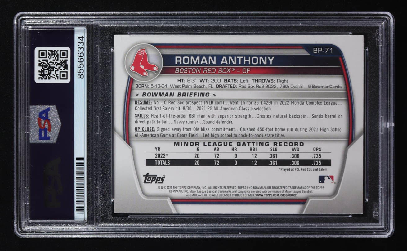 Roman Anthony Signed 2023 Bowman Prospects #BP71 RC (PSA | Auto Grade PSA Authentic) at PristineAuction.com Roman Anthony Signed 2023 Bowman Prospects #BP71 RC (PSA | Auto Grade PSA Authentic) at PristineAuction.com