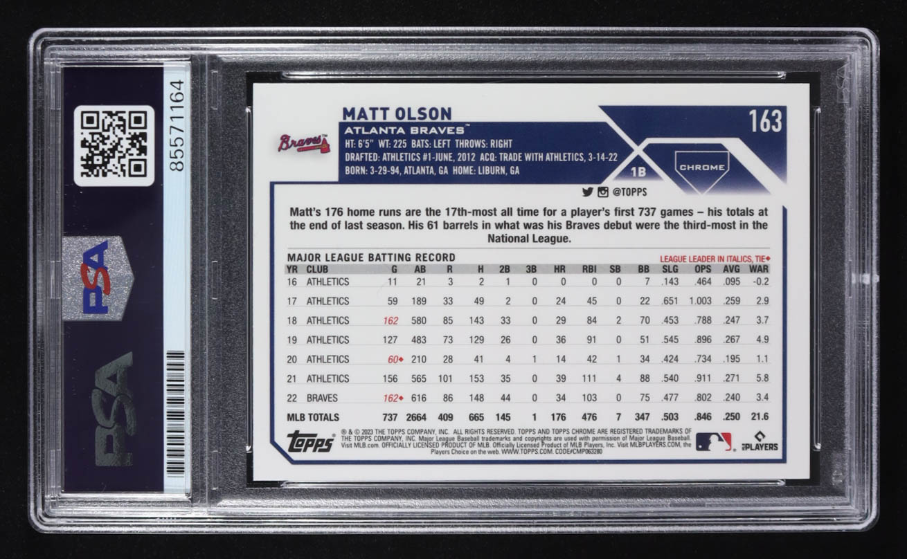 Matt Olson Signed 2023 Topps Chrome Trading Card Auto #163 (PSA | Autograph Graded 10) at PristineAuction.com Matt Olson Signed 2023 Topps Chrome Trading Card Auto #163 (PSA | Autograph Graded 10) at PristineAuction.com
