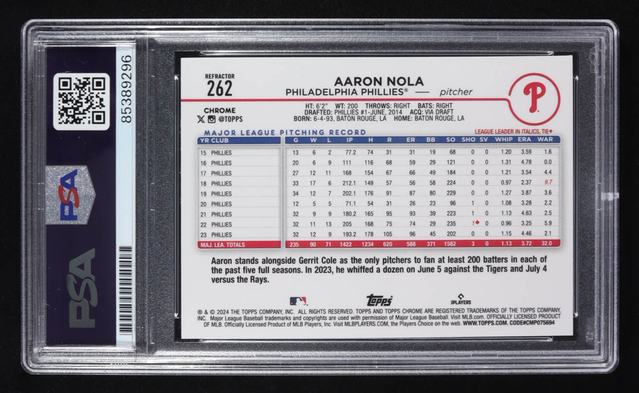 Aaron Nola Signed 2024 Topps Chrome #262 (PSA) at PristineAuction.com Aaron Nola Signed 2024 Topps Chrome #262 (PSA) at PristineAuction.com
