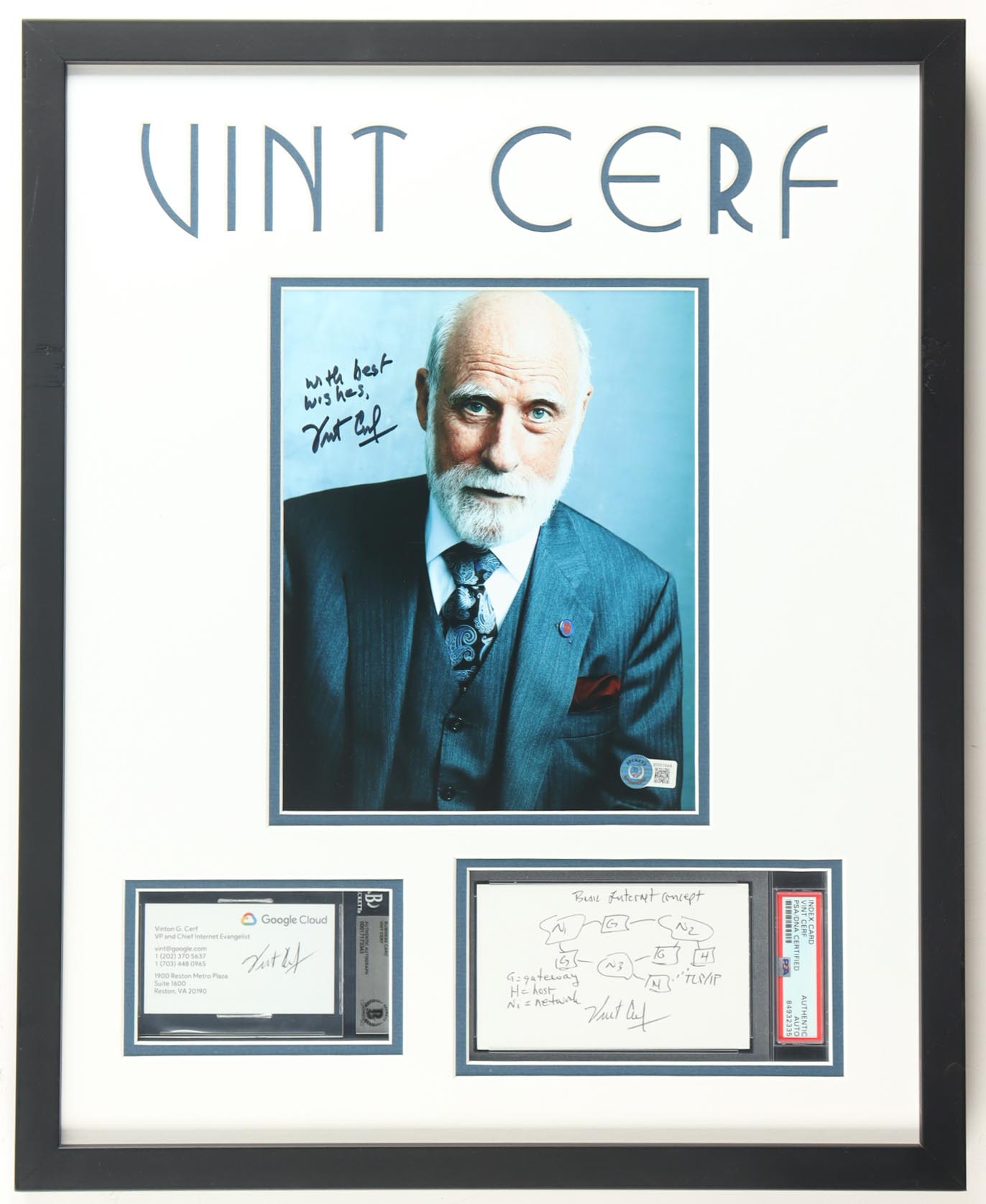 Vint Cerf Signed Custom Framed Cut, Photo & Business Card Display Inscribed with a Formula & "With Best Wishes" (BGS & PSA) at PristineAuction.com Vint Cerf Signed Custom Framed Cut, Photo & Business Card Display Inscribed with a Formula & "With Best Wishes" (BGS & PSA) at PristineAuction.com