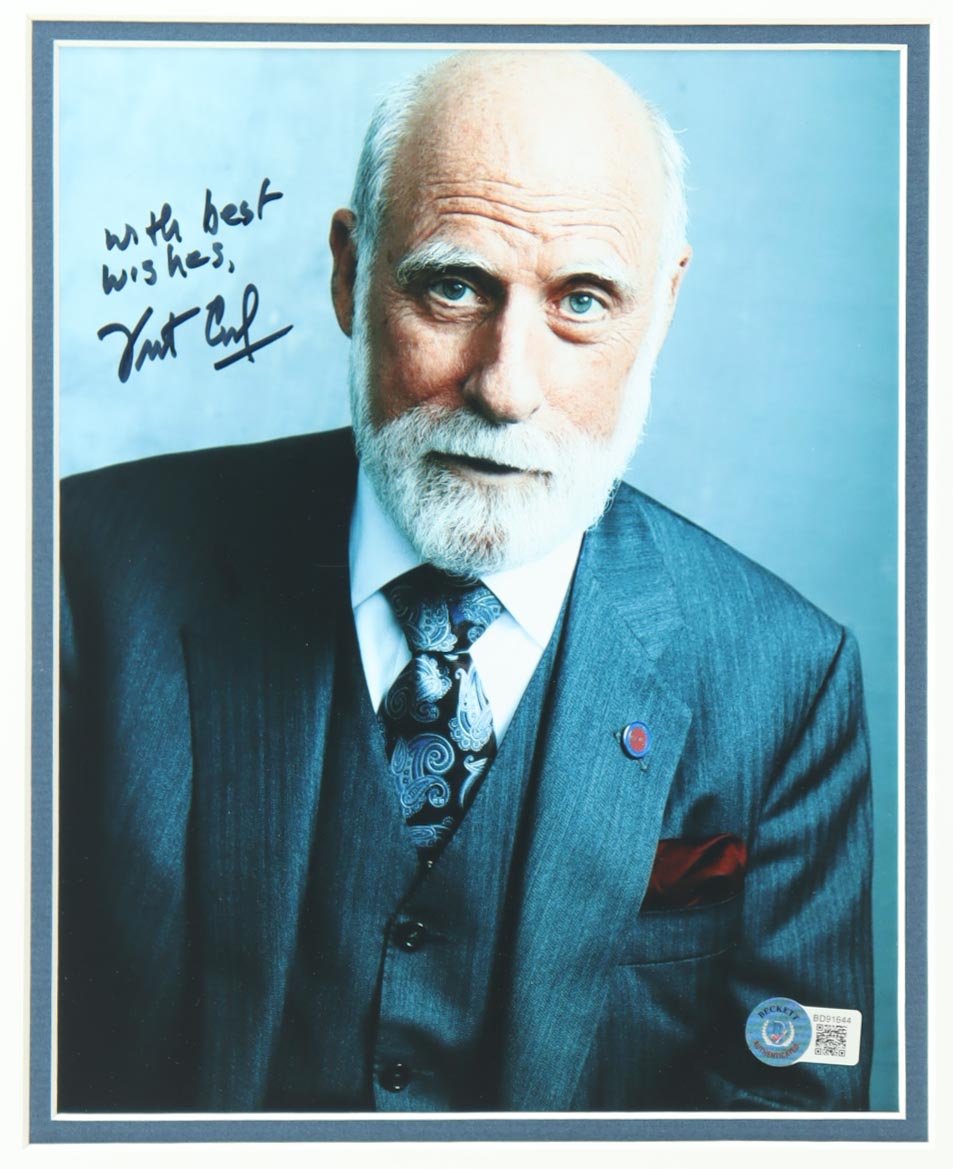 Vint Cerf Signed Custom Framed Cut, Photo & Business Card Display Inscribed with a Formula & "With Best Wishes" (BGS & PSA) at PristineAuction.com Vint Cerf Signed Custom Framed Cut, Photo & Business Card Display Inscribed with a Formula & "With Best Wishes" (BGS & PSA) at PristineAuction.com