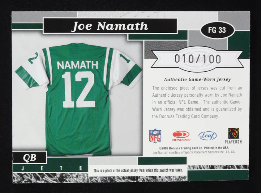 Joe Namath 2002 Leaf Certified Fabric of the Game #33 #10/100 at PristineAuction.com Joe Namath 2002 Leaf Certified Fabric of the Game #33 #10/100 at PristineAuction.com