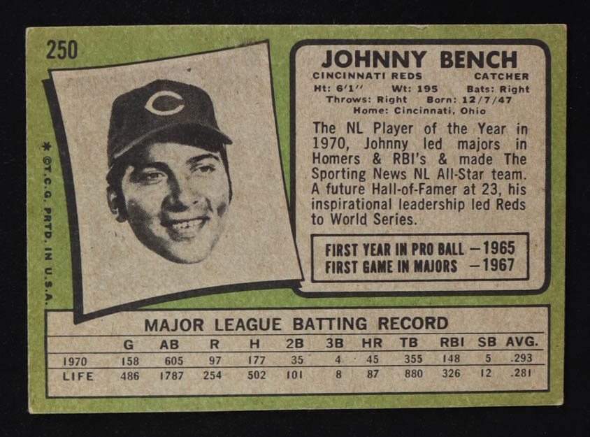 Johnny Bench 1971 Topps #250 at PristineAuction.com Johnny Bench 1971 Topps #250 at PristineAuction.com