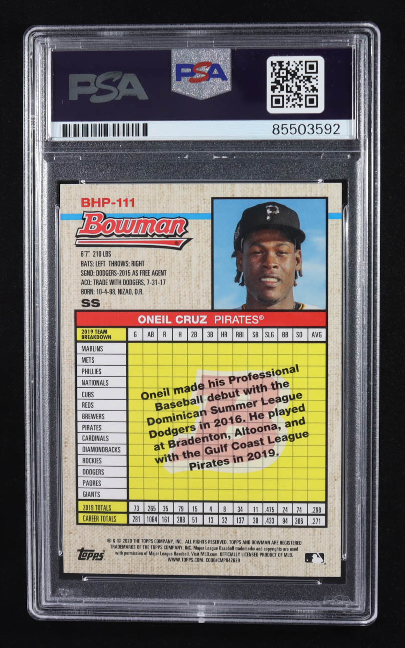 Oneil Cruz Signed 2020 Bowman Topps Trading Card #BHP-111 (PSA | Autograph Grade PSA Authentic) at PristineAuction.com Oneil Cruz Signed 2020 Bowman Topps Trading Card #BHP-111 (PSA | Autograph Grade PSA Authentic) at PristineAuction.com