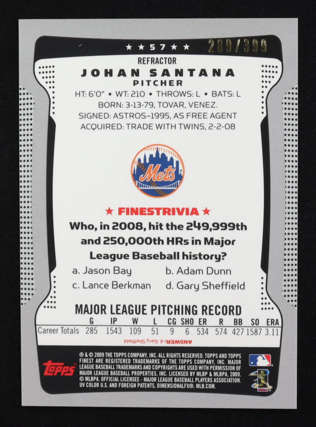Johan Santana 2009 Finest Refractors Blue #57 #289/399 at PristineAuction.com Johan Santana 2009 Finest Refractors Blue #57 #289/399 at PristineAuction.com