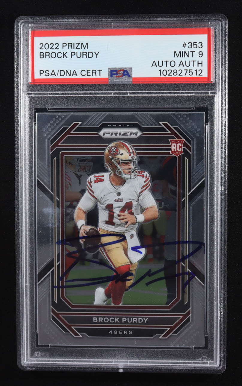 Brock Purdy Signed 2022 Topps Panini Prizm Trading Card Auto #353 RC (PSA | Autograph Graded 9) at PristineAuction.com Brock Purdy Signed 2022 Topps Panini Prizm Trading Card Auto #353 RC (PSA | Autograph Graded 9) at PristineAuction.com