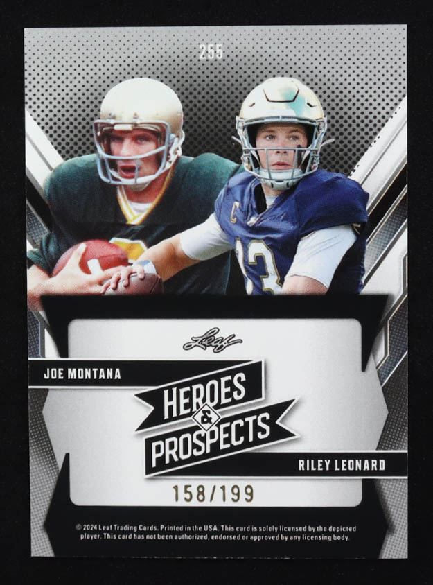 Joe Montana / Riley Leonard 2024 Leaf Heroes & Prospects Silver #255 #158/199 at PristineAuction.com Joe Montana / Riley Leonard 2024 Leaf Heroes & Prospects Silver #255 #158/199 at PristineAuction.com