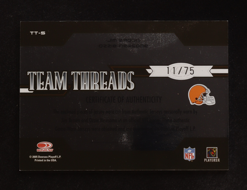 Jim Brown / Ozzie Newsome 2005 Leaf Limited Team Threads Dual #TT5 #11/75 at PristineAuction.com Jim Brown / Ozzie Newsome 2005 Leaf Limited Team Threads Dual #TT5 #11/75 at PristineAuction.com