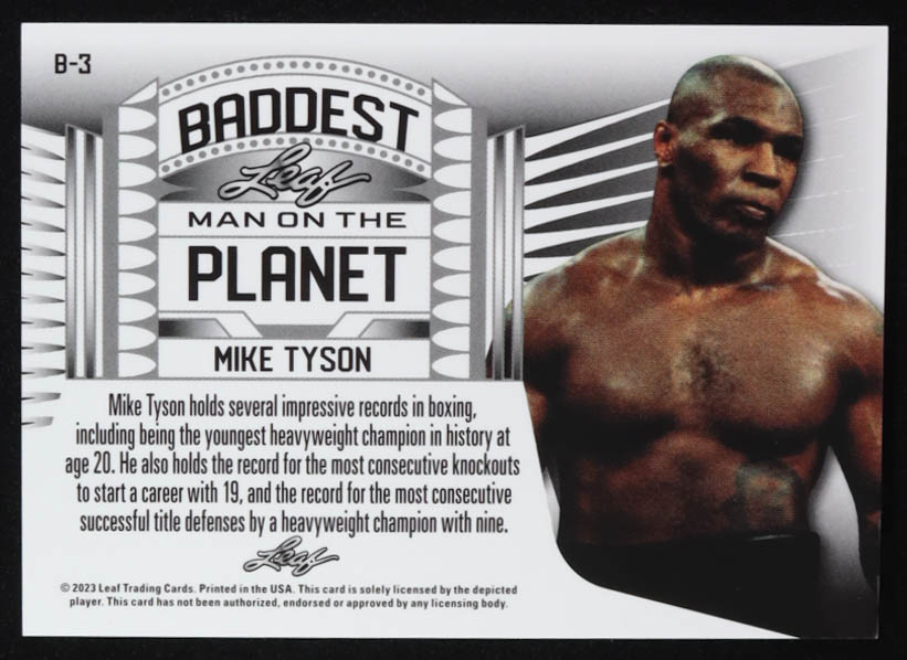 Mike Tyson 2023 Leaf Baddest Man on the Planet Silver #B3 #1/1 at PristineAuction.com Mike Tyson 2023 Leaf Baddest Man on the Planet Silver #B3 #1/1 at PristineAuction.com