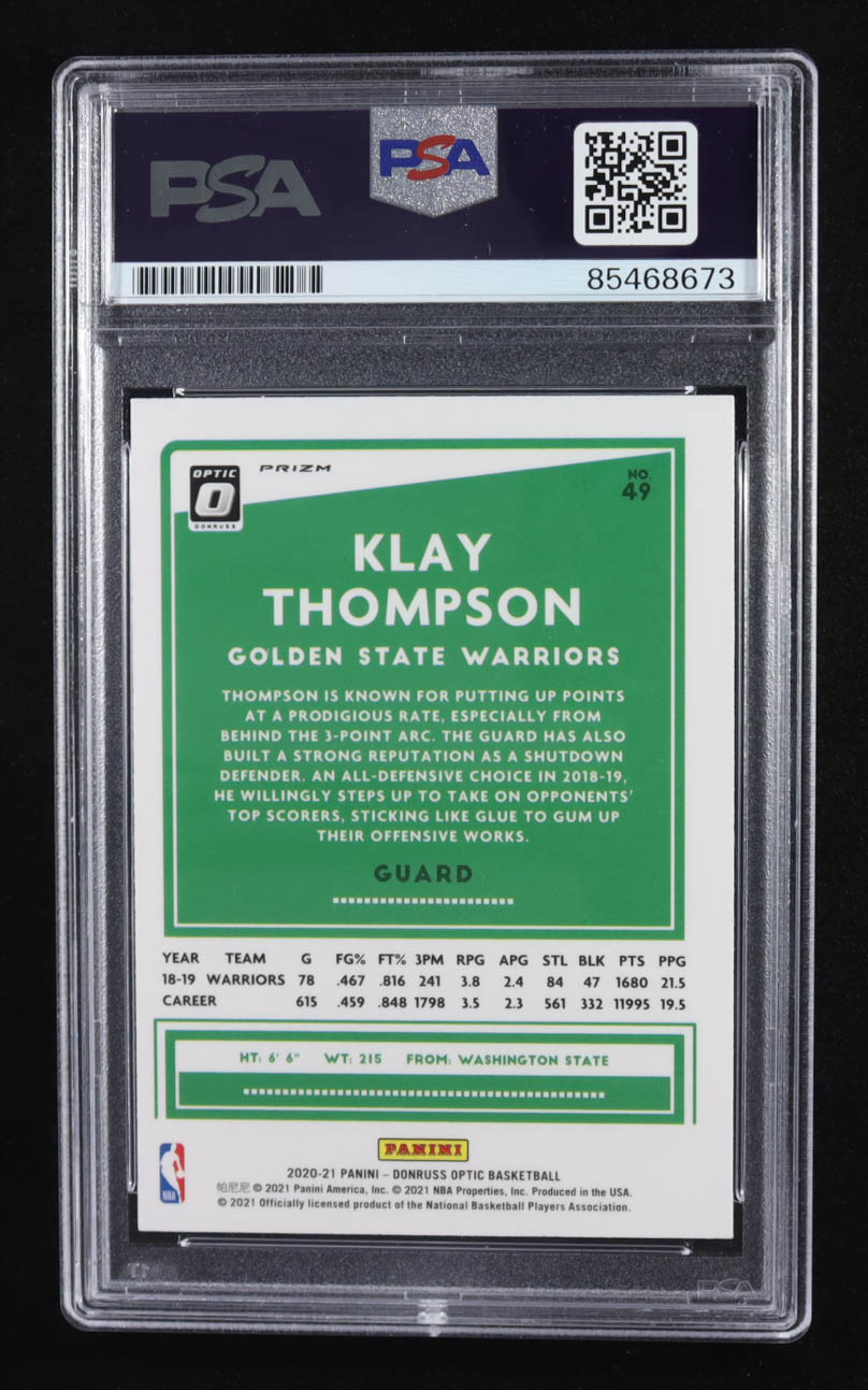 Klay Thompson 2020-21 Panini Prizm Donruss Optic Trading Card #49 (PSA | Autograph Grade PSA Authentic) at PristineAuction.com Klay Thompson 2020-21 Panini Prizm Donruss Optic Trading Card #49 (PSA | Autograph Grade PSA Authentic) at PristineAuction.com