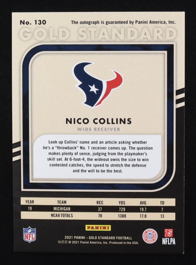 Nico Collins 2021 Panini Gold Standard Rookie Autographs #130 #144/149 RC at PristineAuction.com Nico Collins 2021 Panini Gold Standard Rookie Autographs #130 #144/149 RC at PristineAuction.com