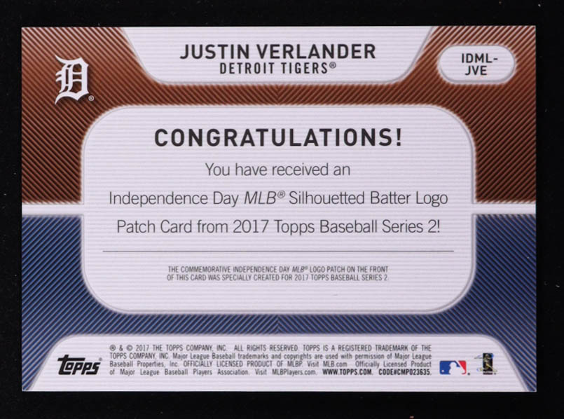 Justin Verlander 2017 Topps Independence Day MLB Logo Patch #IDMLJVE at PristineAuction.com Justin Verlander 2017 Topps Independence Day MLB Logo Patch #IDMLJVE at PristineAuction.com