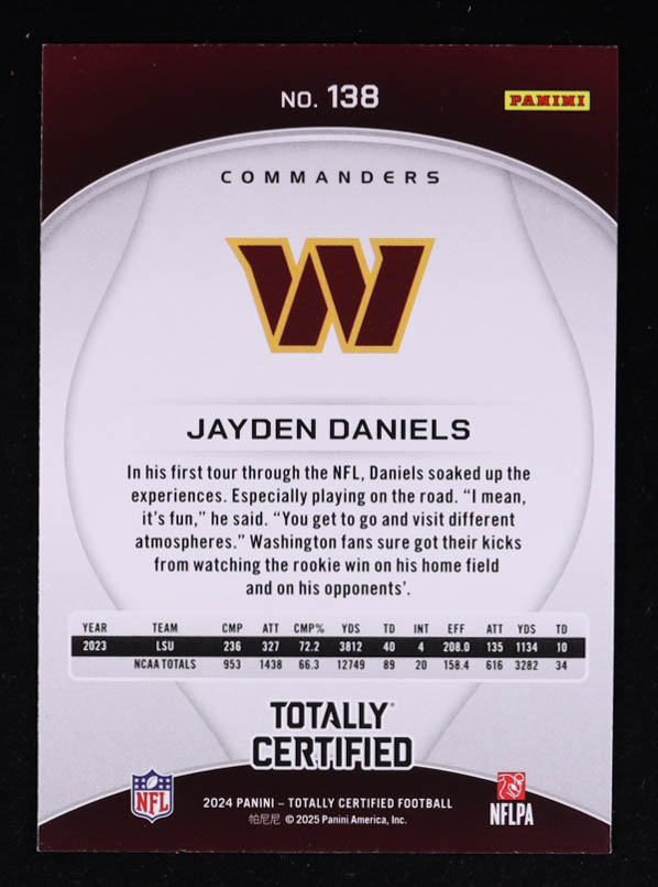Jayden Daniels 2024 Totally Certified #138 RC at PristineAuction.com Jayden Daniels 2024 Totally Certified #138 RC at PristineAuction.com