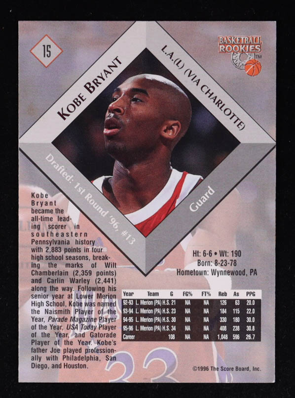 Kobe Bryant 1996 Score Board Rookies #15 RC at PristineAuction.com Kobe Bryant 1996 Score Board Rookies #15 RC at PristineAuction.com