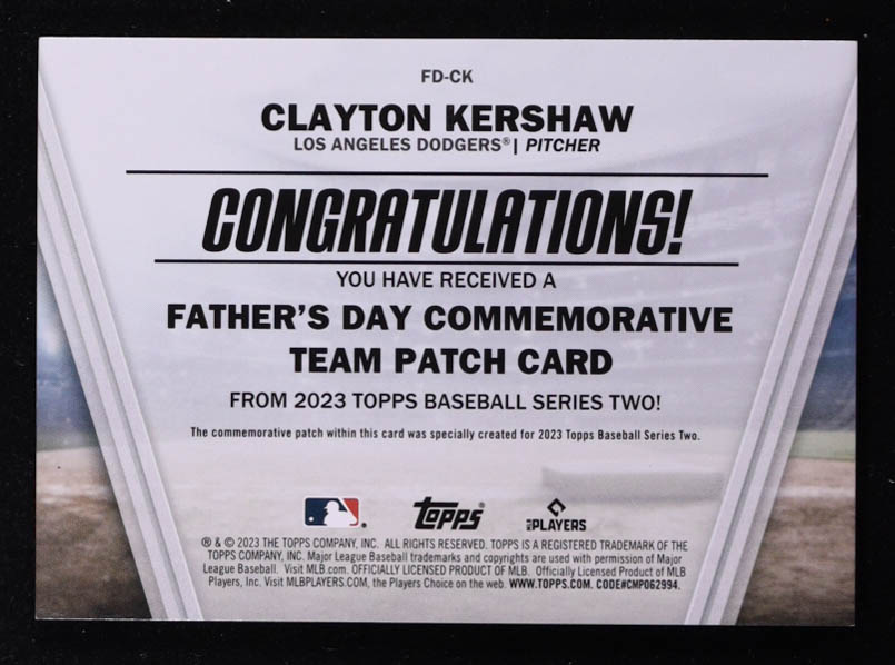 Clayton Kershaw 2023 Topps Father's Day Commemorative Team Patches #FDCK at PristineAuction.com Clayton Kershaw 2023 Topps Father's Day Commemorative Team Patches #FDCK at PristineAuction.com