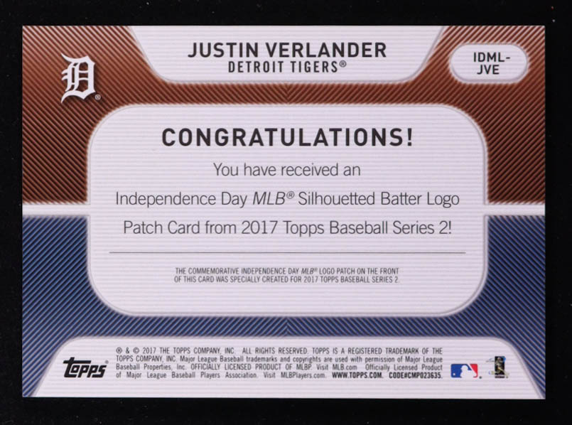Justin Verlander 2017 Topps Independence Day MLB Logo Patch #IDMLJVE at PristineAuction.com Justin Verlander 2017 Topps Independence Day MLB Logo Patch #IDMLJVE at PristineAuction.com