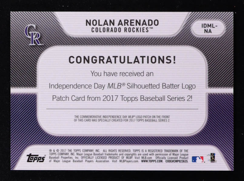 Nolan Arenado 2017 Topps Independence Day MLB Logo Patch #IDMLNA at PristineAuction.com Nolan Arenado 2017 Topps Independence Day MLB Logo Patch #IDMLNA at PristineAuction.com