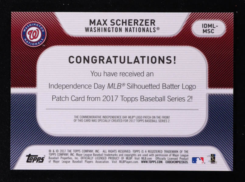Max Scherzer 2017 Topps Independence Day MLB Logo Patch #IDMLMSC at PristineAuction.com Max Scherzer 2017 Topps Independence Day MLB Logo Patch #IDMLMSC at PristineAuction.com