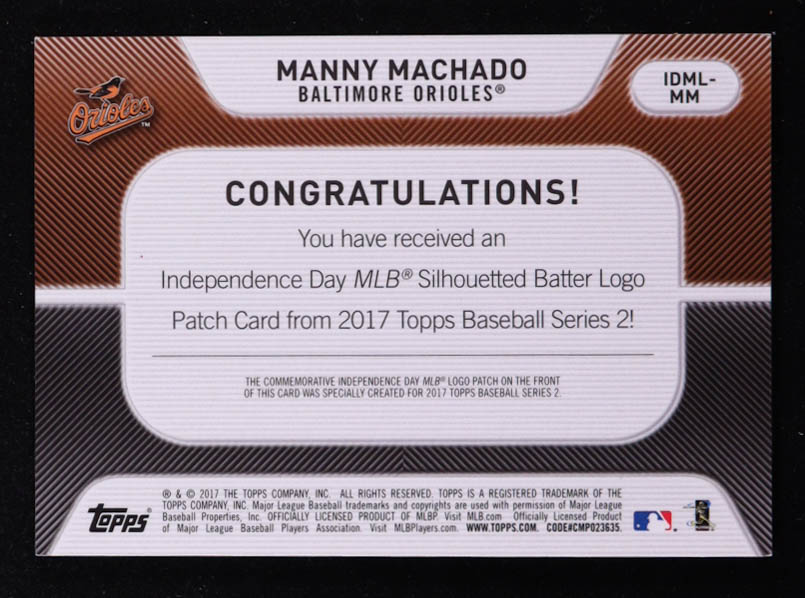 Manny Machado 2017 Topps Independence Day MLB Logo Patch #IDMLMM at PristineAuction.com Manny Machado 2017 Topps Independence Day MLB Logo Patch #IDMLMM at PristineAuction.com