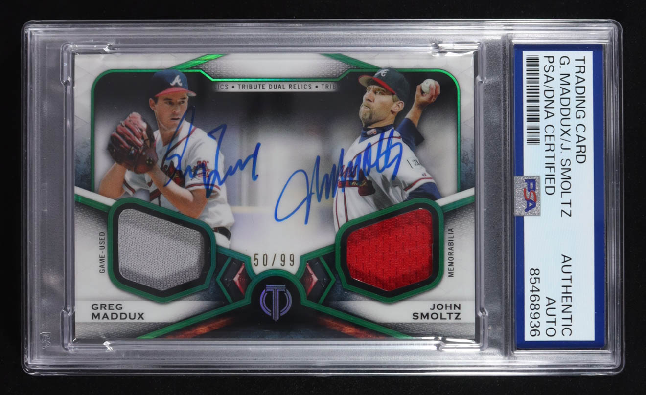 Greg Maddux/John Smoltz Signed 2021 Topps Trading Relic Card #DR2-MS #50/99 (PSA | Autograph Grade PSA Authentic) at PristineAuction.com Greg Maddux/John Smoltz Signed 2021 Topps Trading Relic Card #DR2-MS #50/99 (PSA | Autograph Grade PSA Authentic) at PristineAuction.com