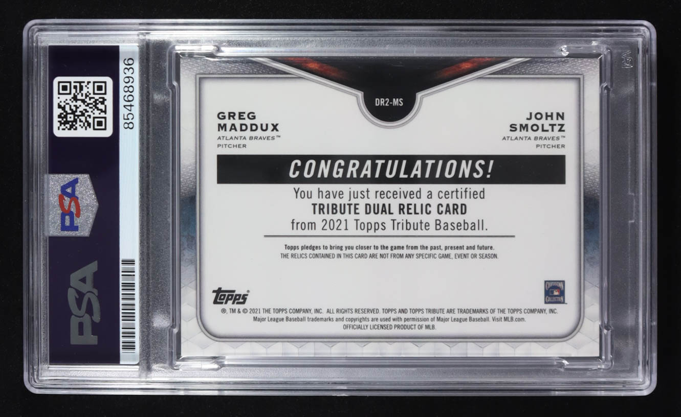 Greg Maddux/John Smoltz Signed 2021 Topps Trading Relic Card #DR2-MS #50/99 (PSA | Autograph Grade PSA Authentic) at PristineAuction.com Greg Maddux/John Smoltz Signed 2021 Topps Trading Relic Card #DR2-MS #50/99 (PSA | Autograph Grade PSA Authentic) at PristineAuction.com