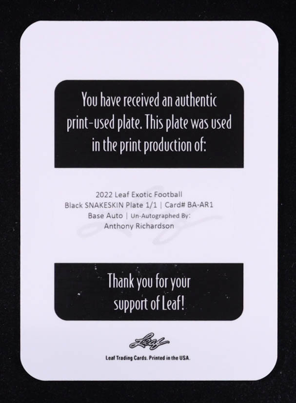 Anthony Richardson 2022 Leaf Exotic Black Snakeskin #1/1 #BAAR1 Printing Plate at PristineAuction.com Anthony Richardson 2022 Leaf Exotic Black Snakeskin #1/1 #BAAR1 Printing Plate at PristineAuction.com