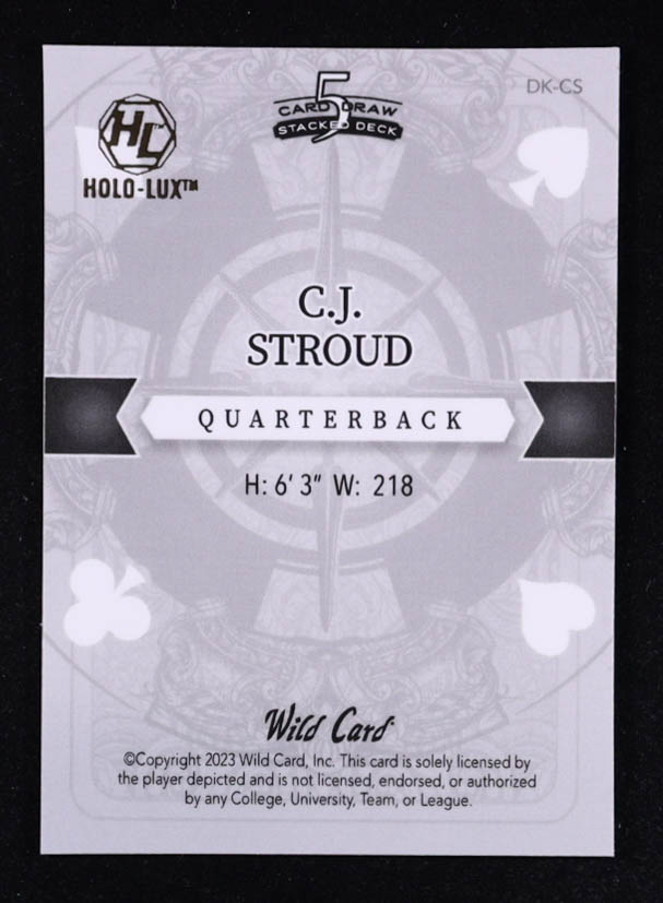 CJ Stroud 2023 Wild Card 5 Card Draw Stacked Deck Blue Sparkle #DKCS RC #1/1 at PristineAuction.com CJ Stroud 2023 Wild Card 5 Card Draw Stacked Deck Blue Sparkle #DKCS RC #1/1 at PristineAuction.com