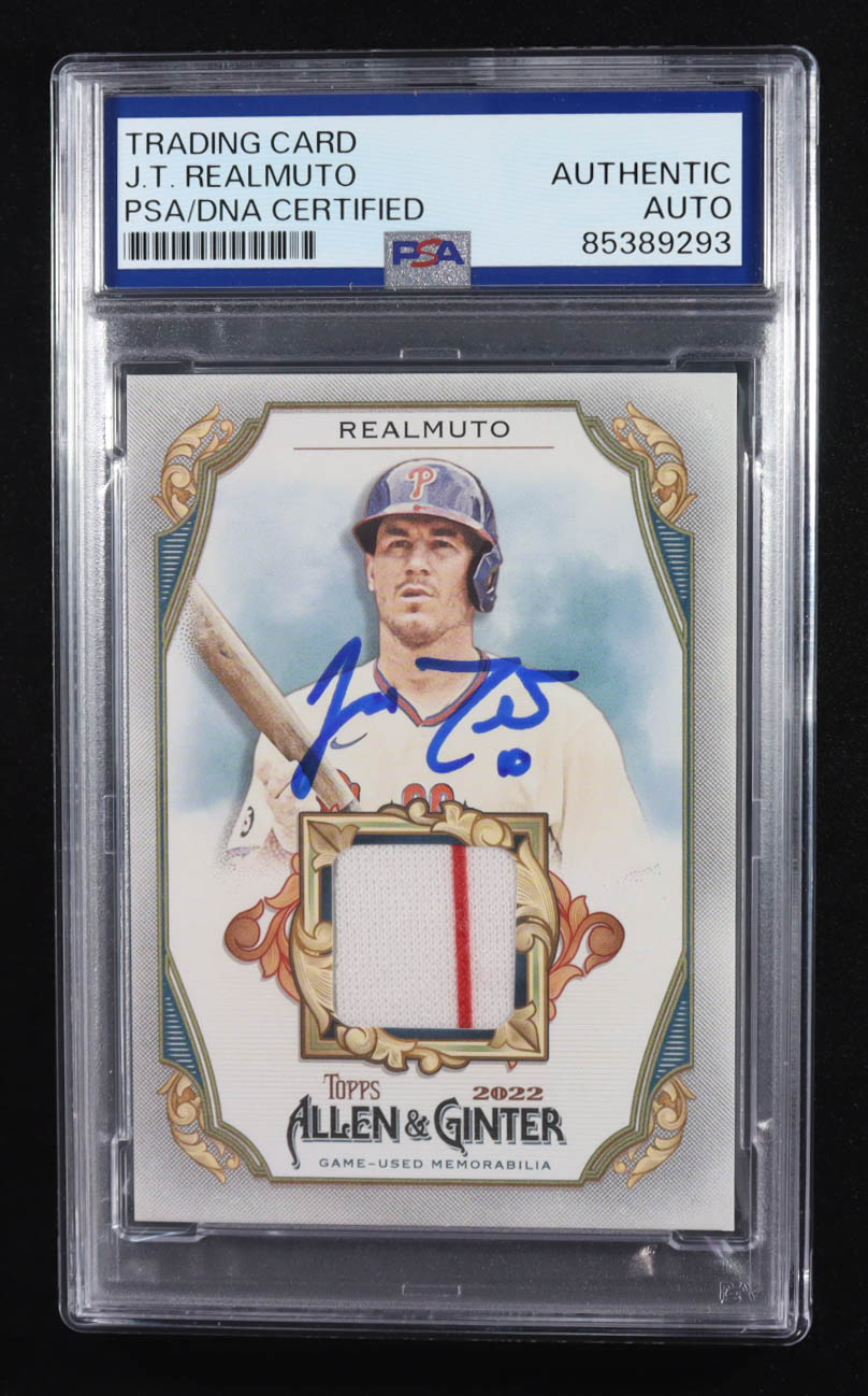 J.T. Realmuto Signed 2022 Topps Allen & Ginter Relic Trading Card #AGRB-JR (PSA | Autograph Grade PSA Authentic) at PristineAuction.com J.T. Realmuto Signed 2022 Topps Allen & Ginter Relic Trading Card #AGRB-JR (PSA | Autograph Grade PSA Authentic) at PristineAuction.com