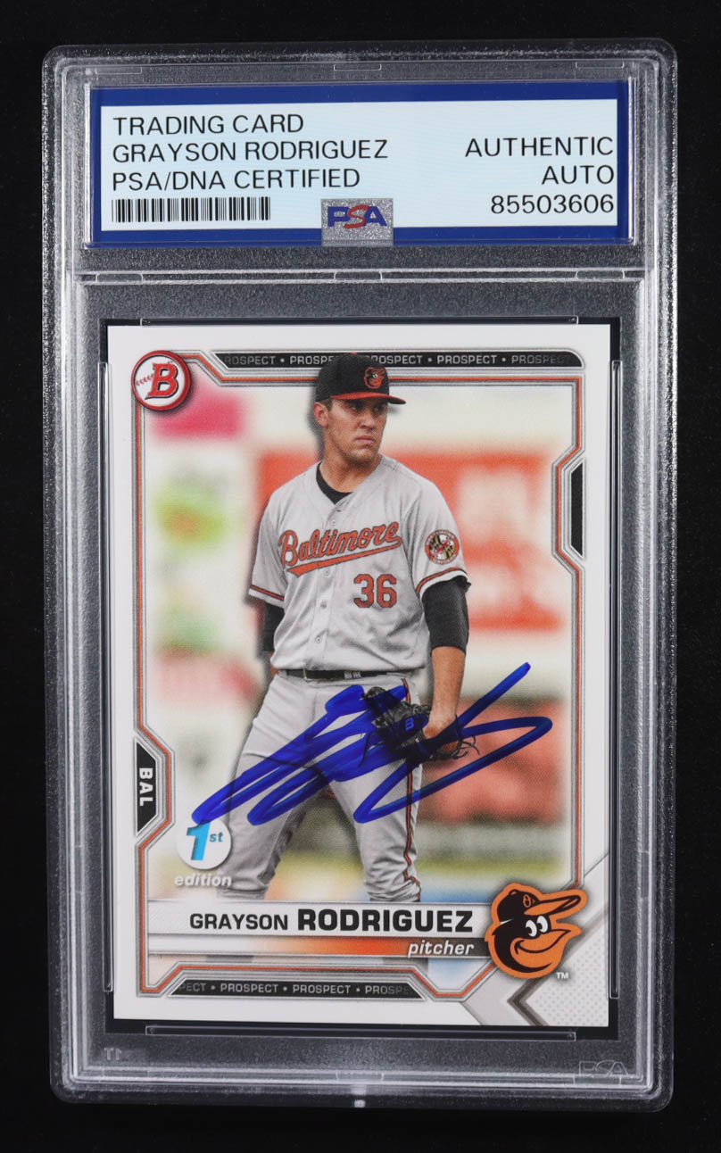 Grayson Rodriguez Signed 2021 Topps Trading Card 1st Edition #BD-136 RC (PSA | Autograph Grade PSA Authentic) at PristineAuction.com Grayson Rodriguez Signed 2021 Topps Trading Card 1st Edition #BD-136 RC (PSA | Autograph Grade PSA Authentic) at PristineAuction.com